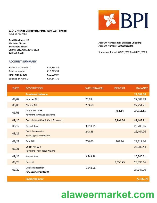 Banco BPI firm account statement Word and PDF template